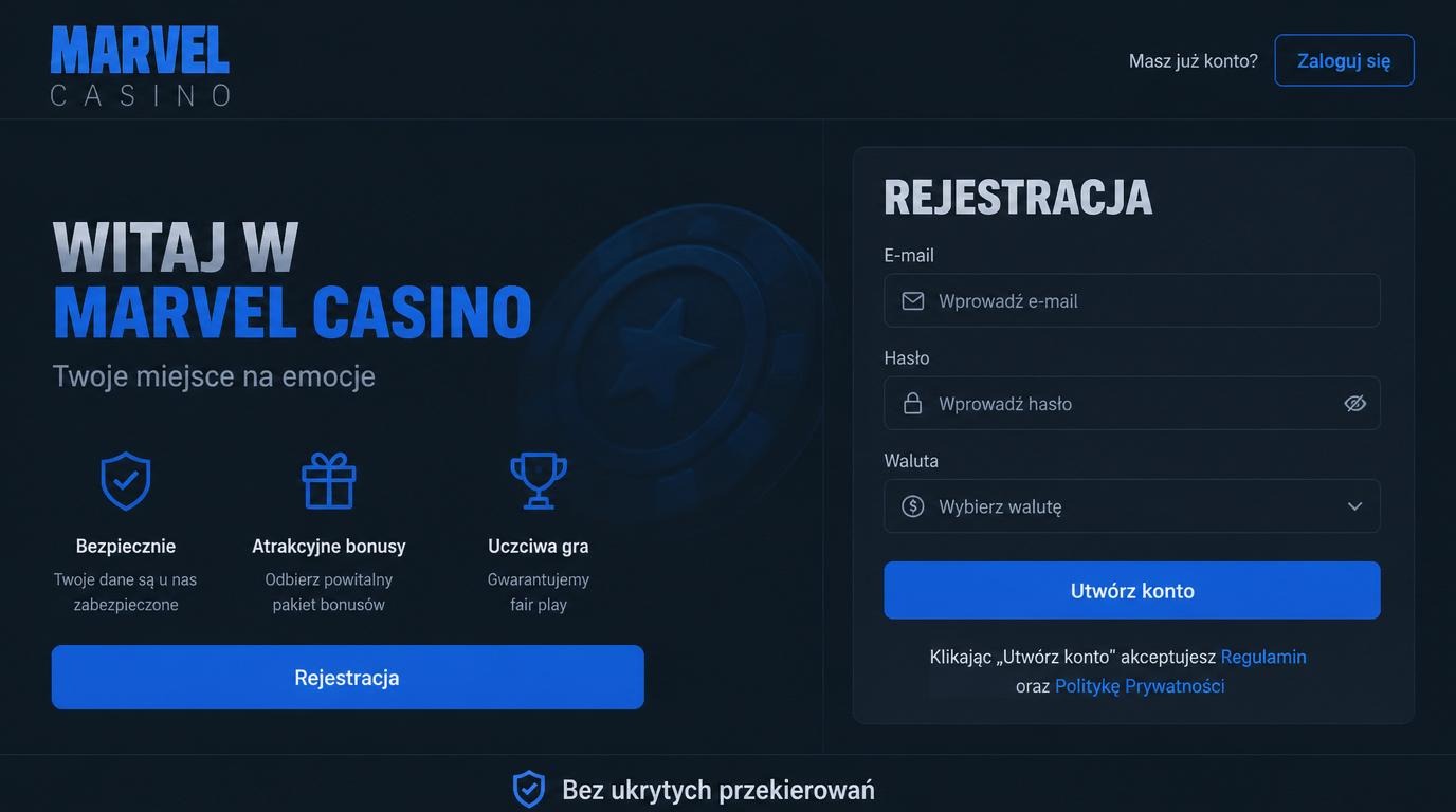  Formularz rejestracji Marvel Casino na tle interfejsu strony 