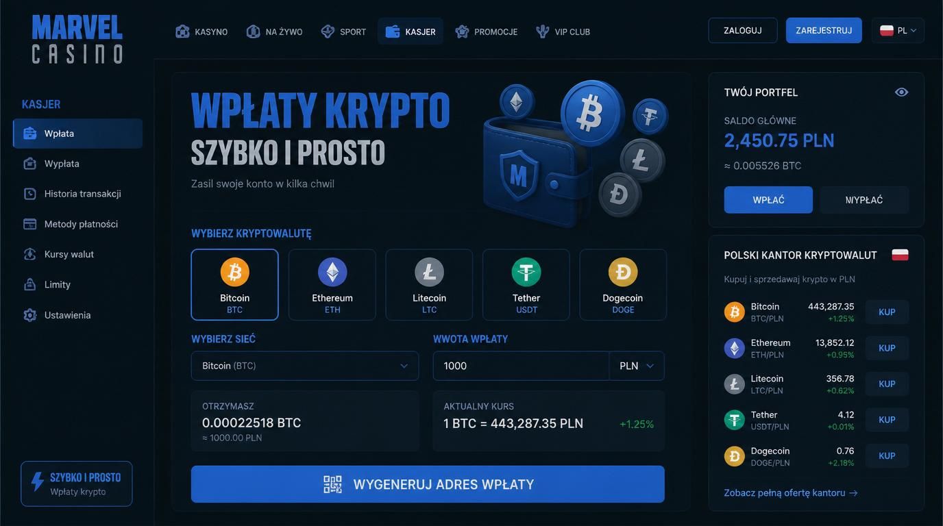 Ilustracja przedstawiająca wpłatę kryptowalutami w Marvel Casino z Polski.