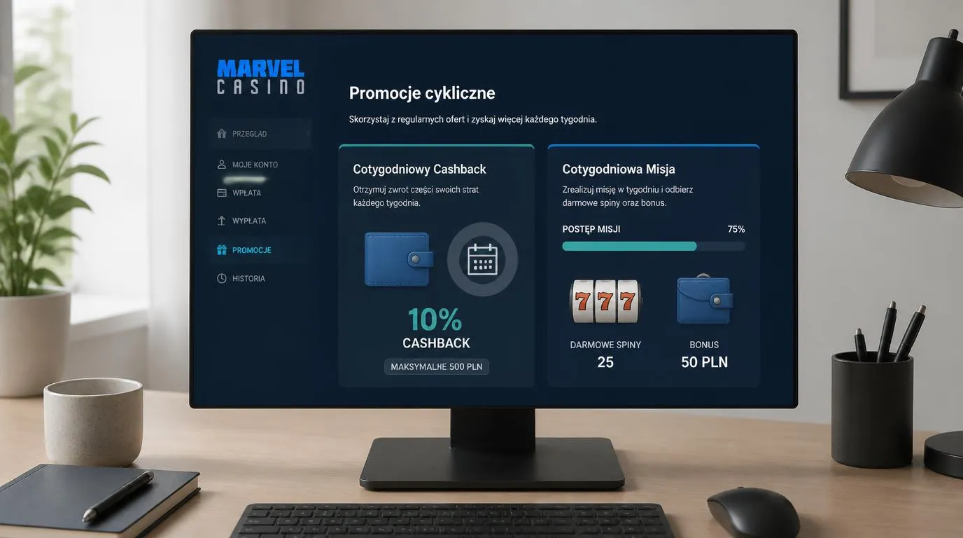 Panel promocji kasynowych z cotygodniowym cashbackiem, paskiem postępu misji i nagrodami za aktywność