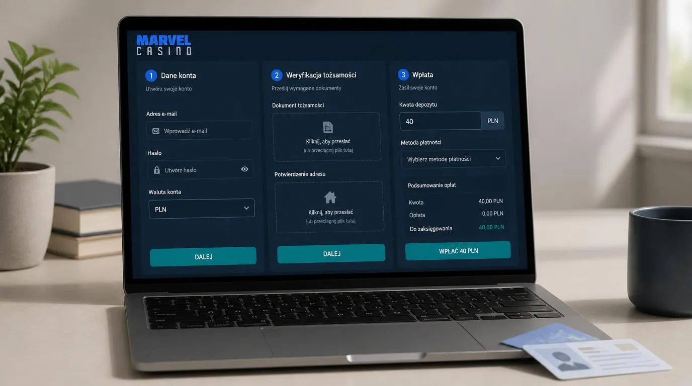 Ekran rejestracji, panel weryfikacji dokumentów i formularz wpłaty 40 PLN na laptopie