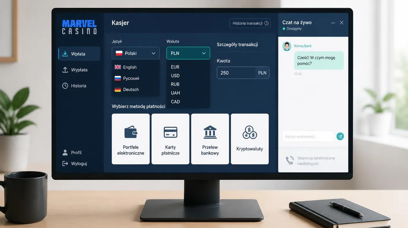 Panel kasy z wyborem PLN, metodami płatności i otwartym czatem pomocy dotyczącym weryfikacji