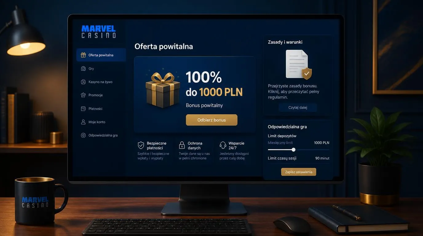 Panel bonusu powitalnego 100% do 1000 PLN z przyciskiem oferty i ustawieniami limitów gry