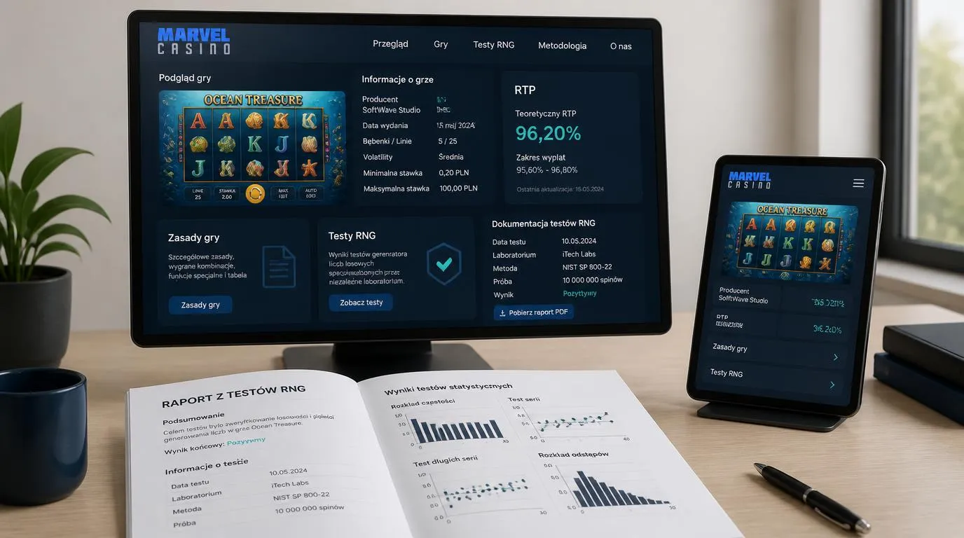 Panel informacji o grze kasynowej z oznaczeniem producenta, parametrem RTP i dokumentacją testów RNG